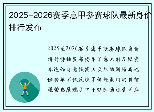 2025-2026赛季意甲参赛球队最新身价排行发布